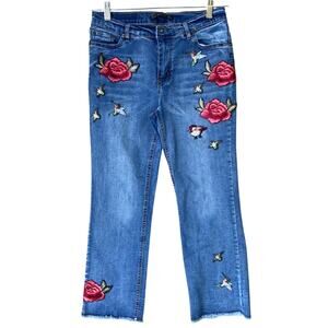 Paul & Zera Womens Large (8) Boho Hummingbird Floral Patches Denim Blue Jeans